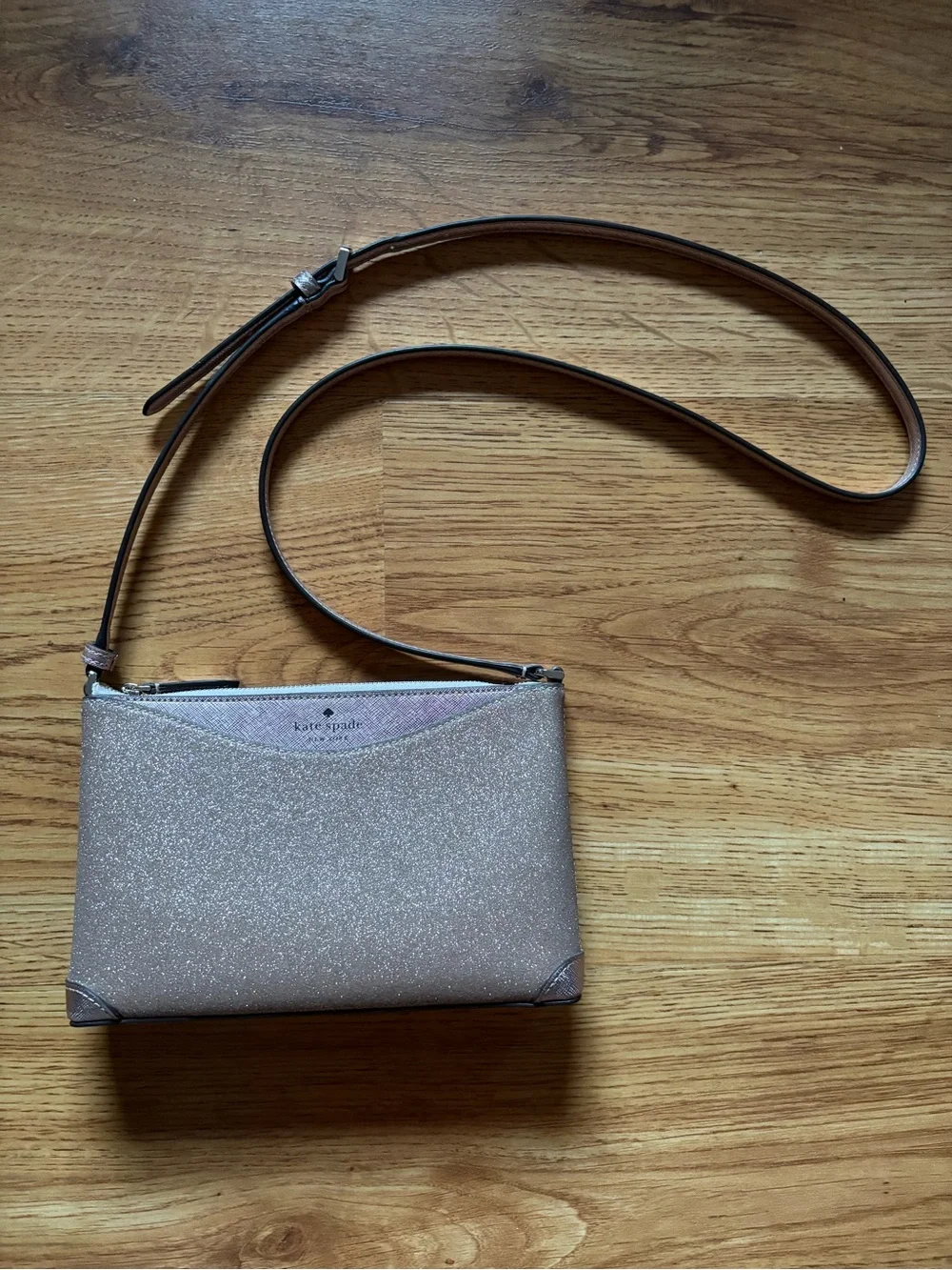 Kate Spade Rose Gold Glitter Fabric Crossbody Purse Bag